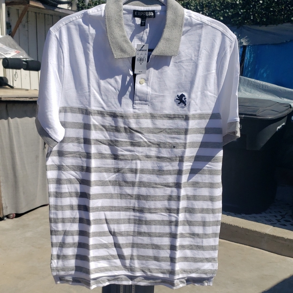 Express Men's White and Gray Striped Polo Shirt